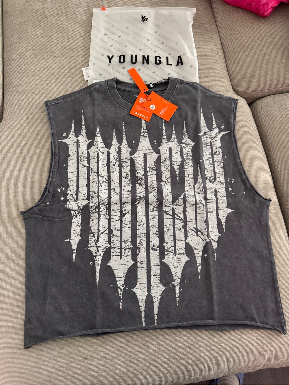YoungLA Men's Distressed Graphic Muscle Tank - Charcoal Gray with White Print